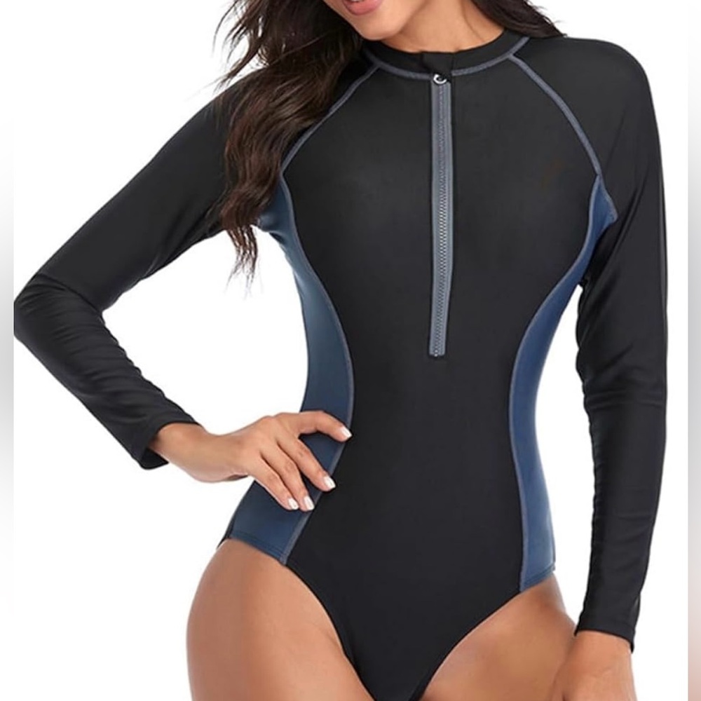 Elegant Black and Blue Long Sleeve Swimsuit